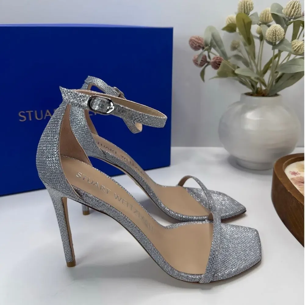 Stuart Weitzman Nudistcurve 100Sanda Ankle Strap Sandal Silver Women's 9.5B